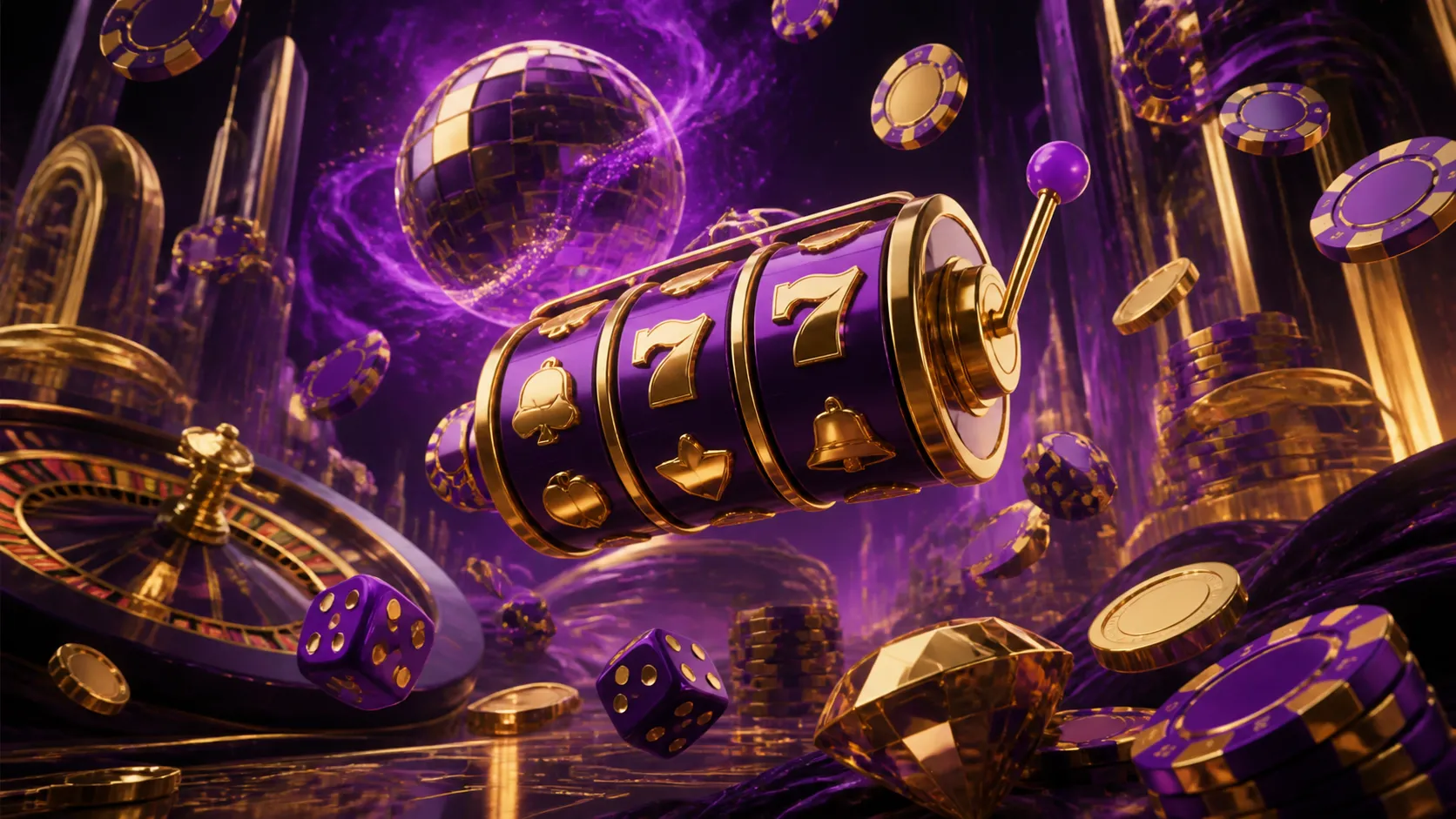 Glossy 3D isometric render of casino items for Slotrave, featuring poker chips, roulette wheels, and neon highlights.