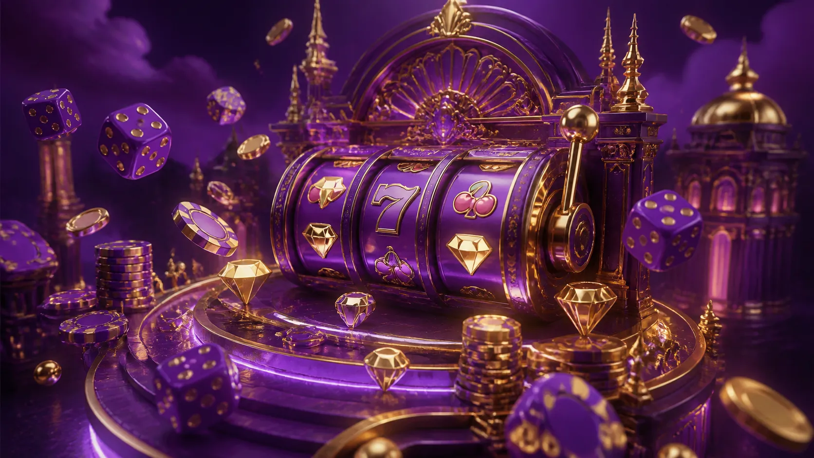 Glossy 3D isometric render of casino items with realistic textures, Slotrave theme